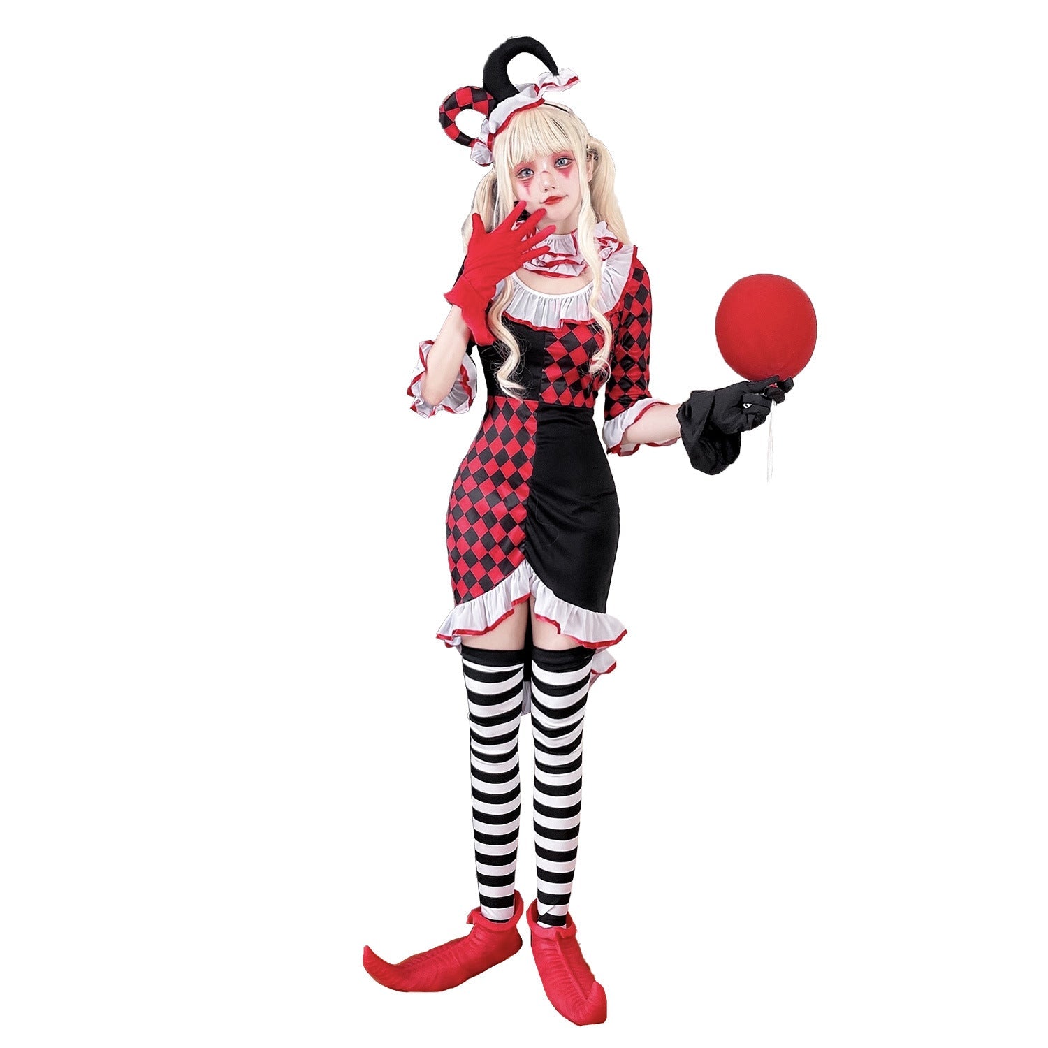 Girl clown costume with playful striped stockings and hat Chichicherry