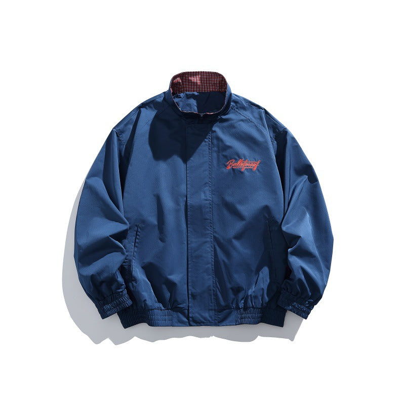 Unisex Lightweight Boxy Blouson Jacket with Stand-up Collar, Elastic Cuffs and Embroidered Chest Detail Chichicherry