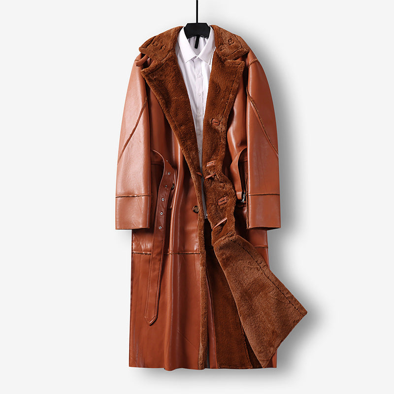 Men's Maxi Long Faux Leather Coat with Teddy Lining and Waist Belt Chichicherry