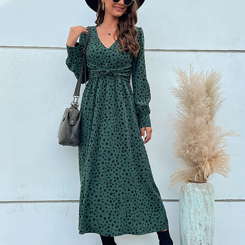 Women's maxi dress with V-neck, wrap waist and fine dotted print Chichicherry