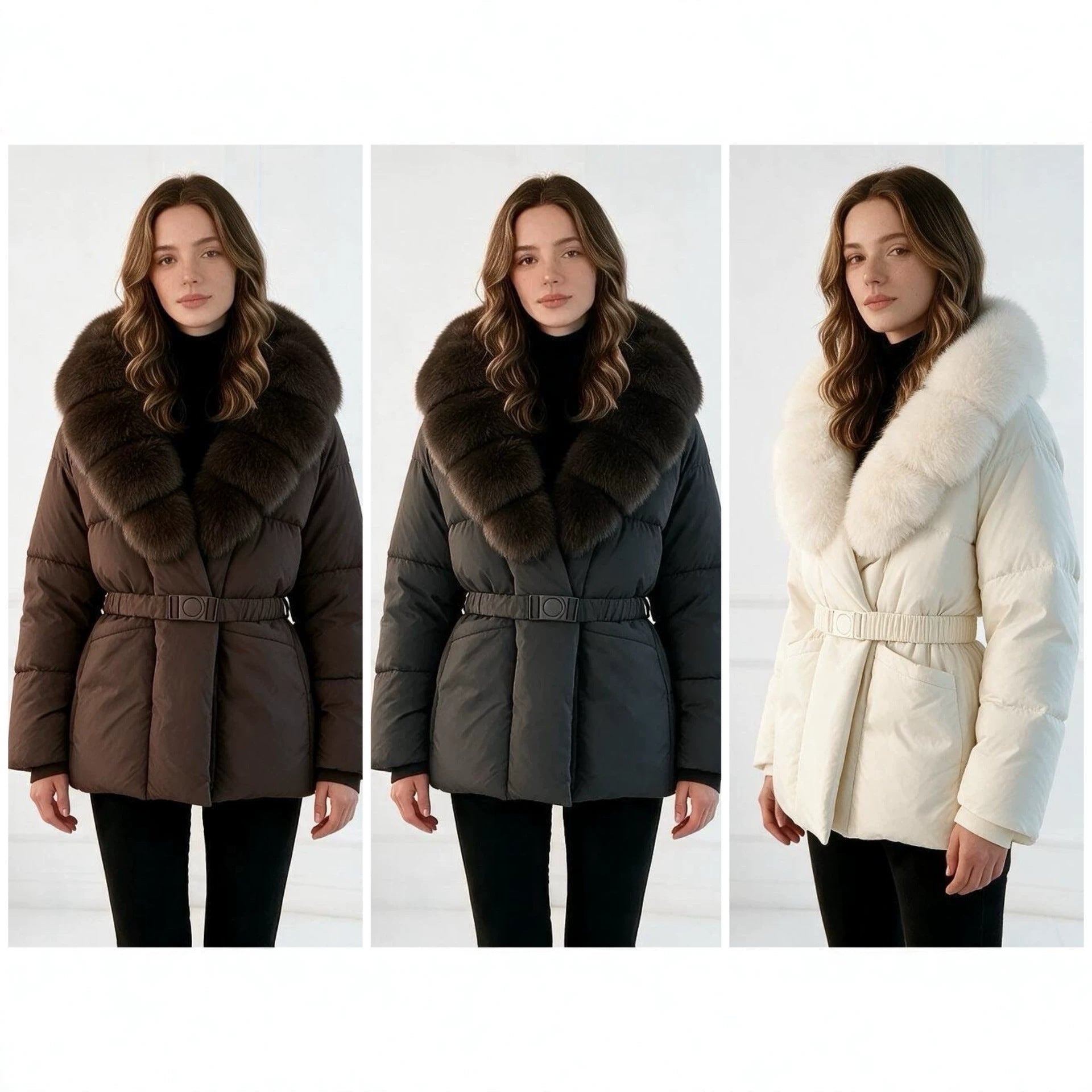 Women's tailored quilted jacket with oversized faux fur collar, fitted belt, and warming thermal insulation Chichicherry
