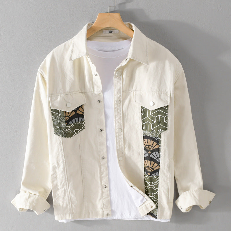 Men's Lightweight Canvas Overshirt in Worker Style with Japanese Pattern Patch and Snap Button Placket Chichicherry