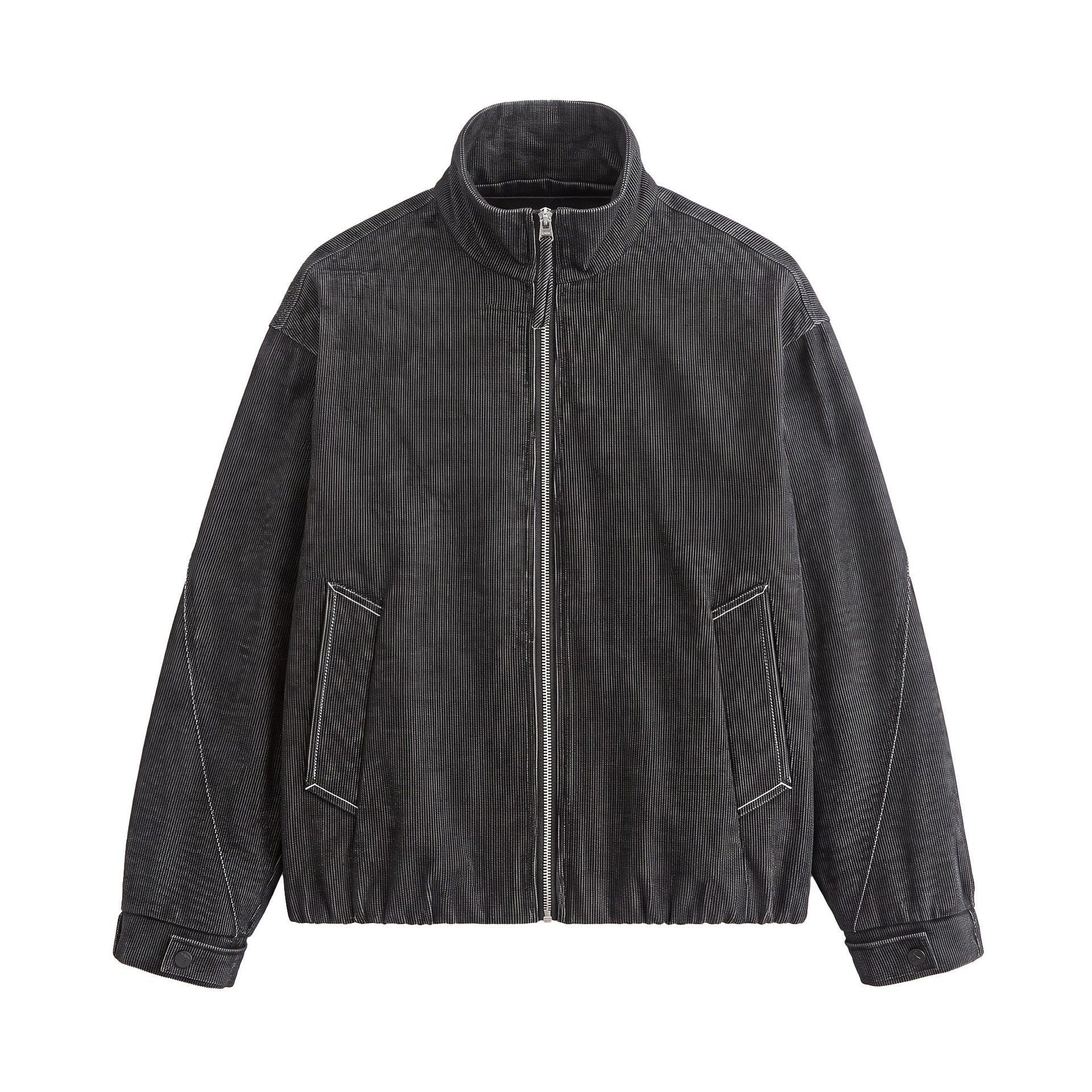 Unisex Short Cord Boxy Blouson with Stand Collar, Continuous Zipper and Elastic Hem Chichicherry