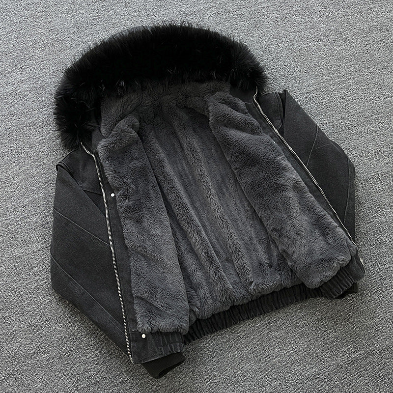 Unisex Wattierte Bomberjacke mit großer Kapuze und Kunstfellbesatz Chichicherry