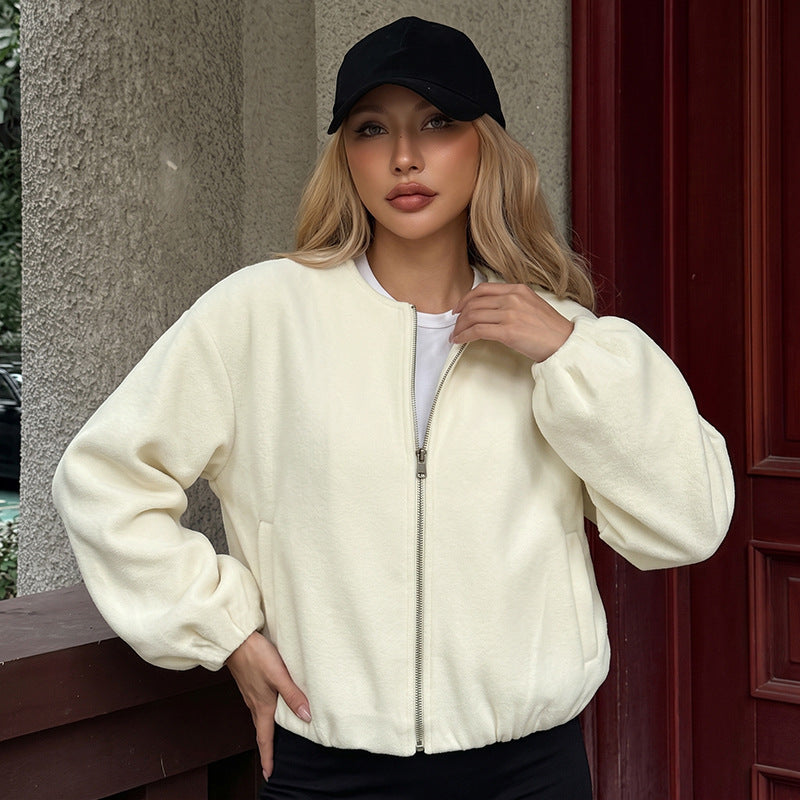 Women's Padded Teddy Fleece Bomber Jacket with Zipper, Elastic Hem and Side Pockets Chichicherry