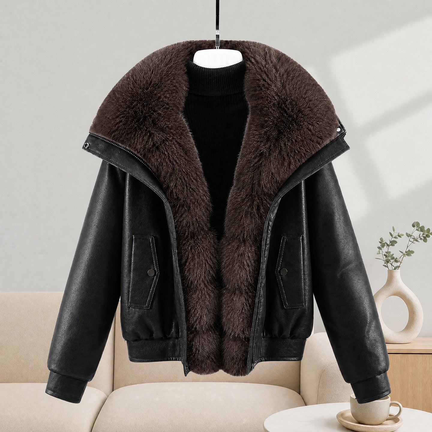 Women's short lambskin look bomber jacket with voluminous fur collar and tailored hem Chichicherry