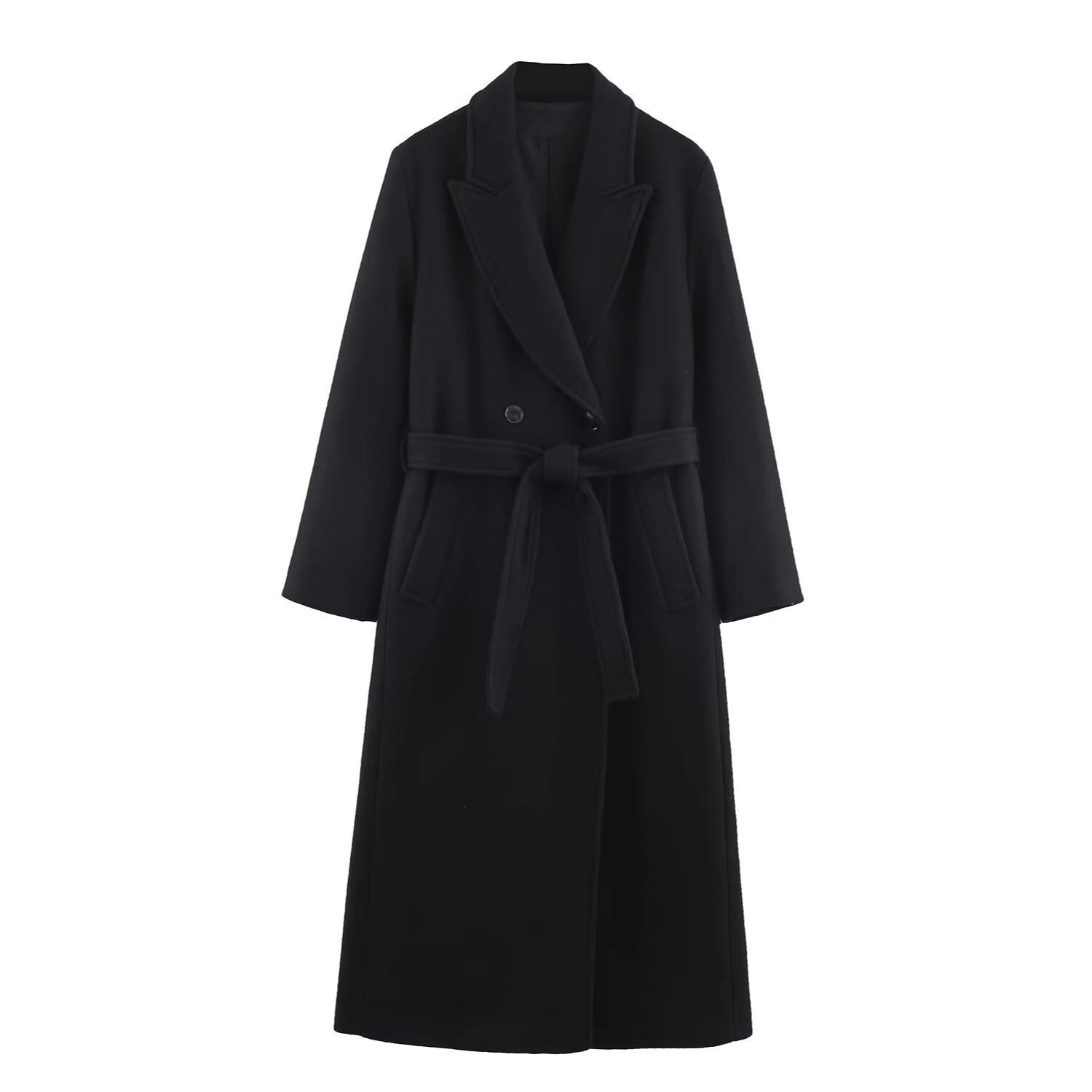 Women Long Tailored Wool Blend Coat with Tie Belt and Lapel Collar Chichicherry