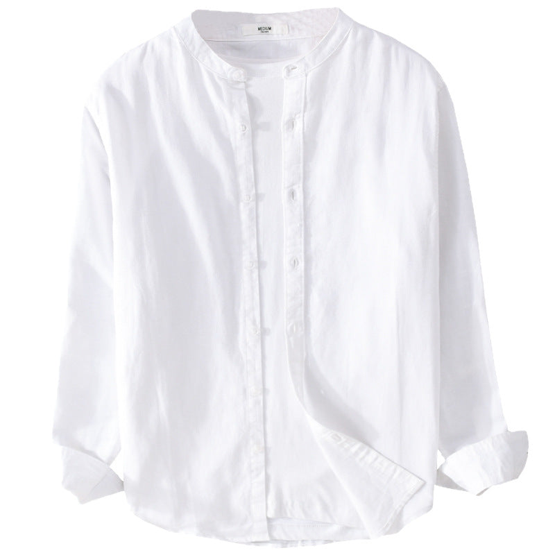 Men's Lightweight Linen Blend Stand Collar Shirt in Relaxed Fit with Full Button Placket Chichicherry
