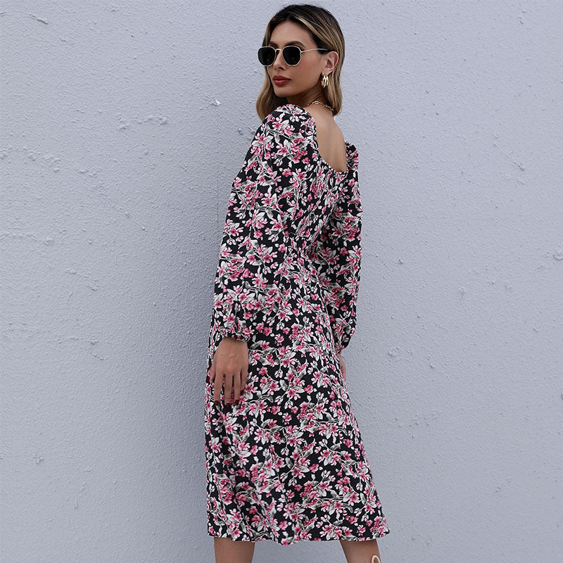 Women's midi dress with floral tiered skirt, gathered neckline & waist drawstring Chichicherry