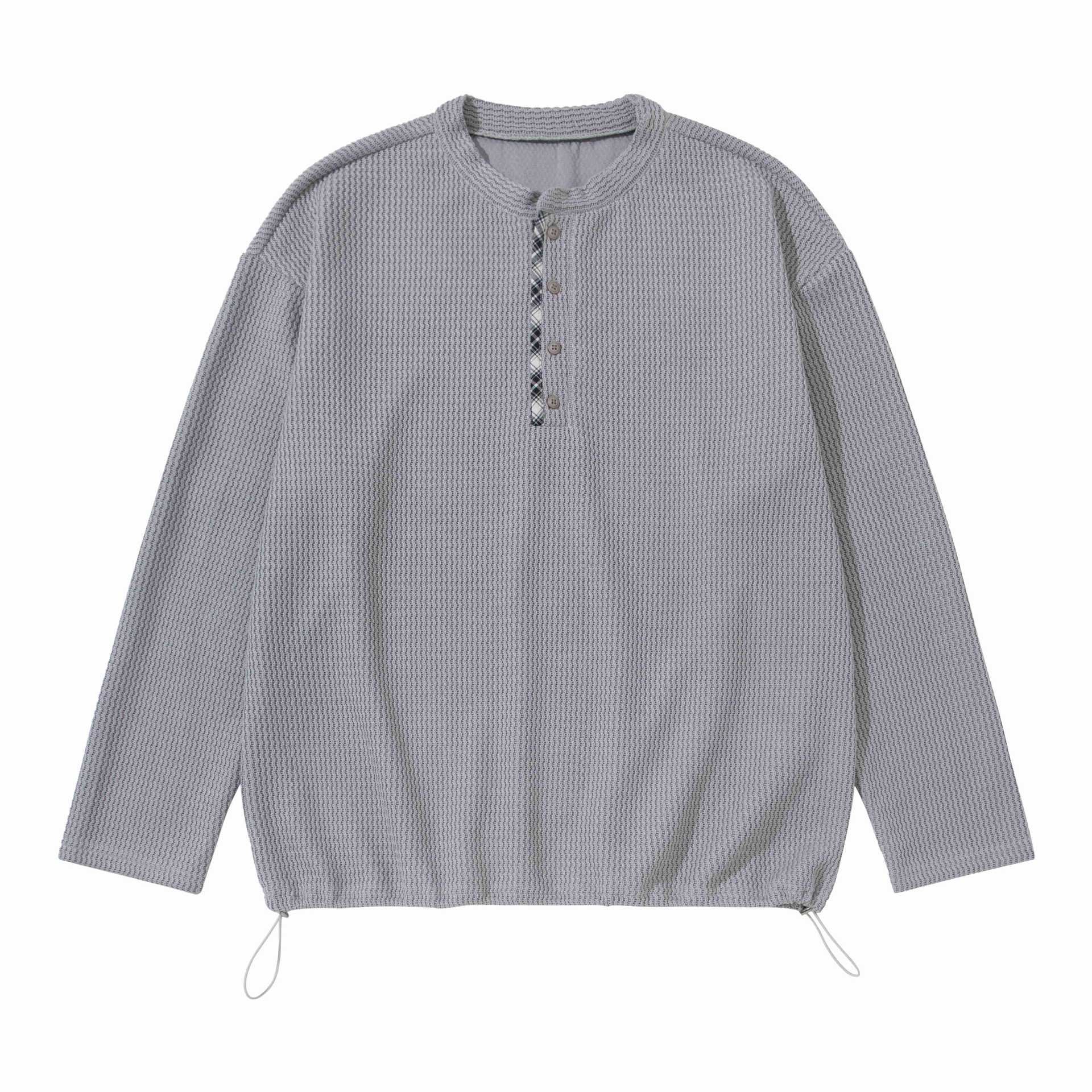 Unisex Waffle Knit Henley Pullover with Drawstring Hem Chichicherry