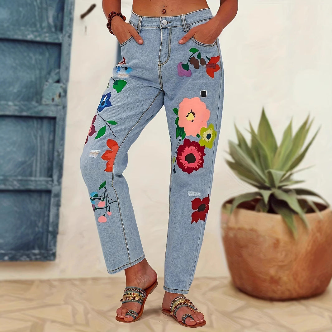 Ladies straight-cut jeans with colorful floral appliqués and light destruction details Chichicherry