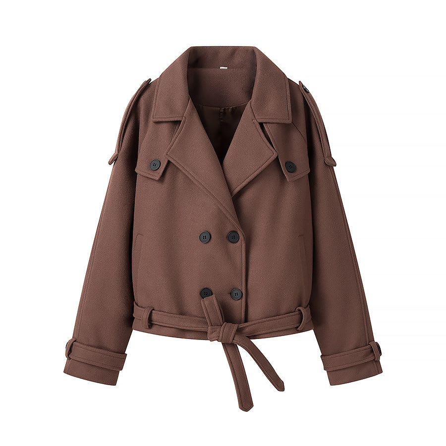 Women short cut oversized wool blend peacoat with wide lapels and tie belt Chichicherry