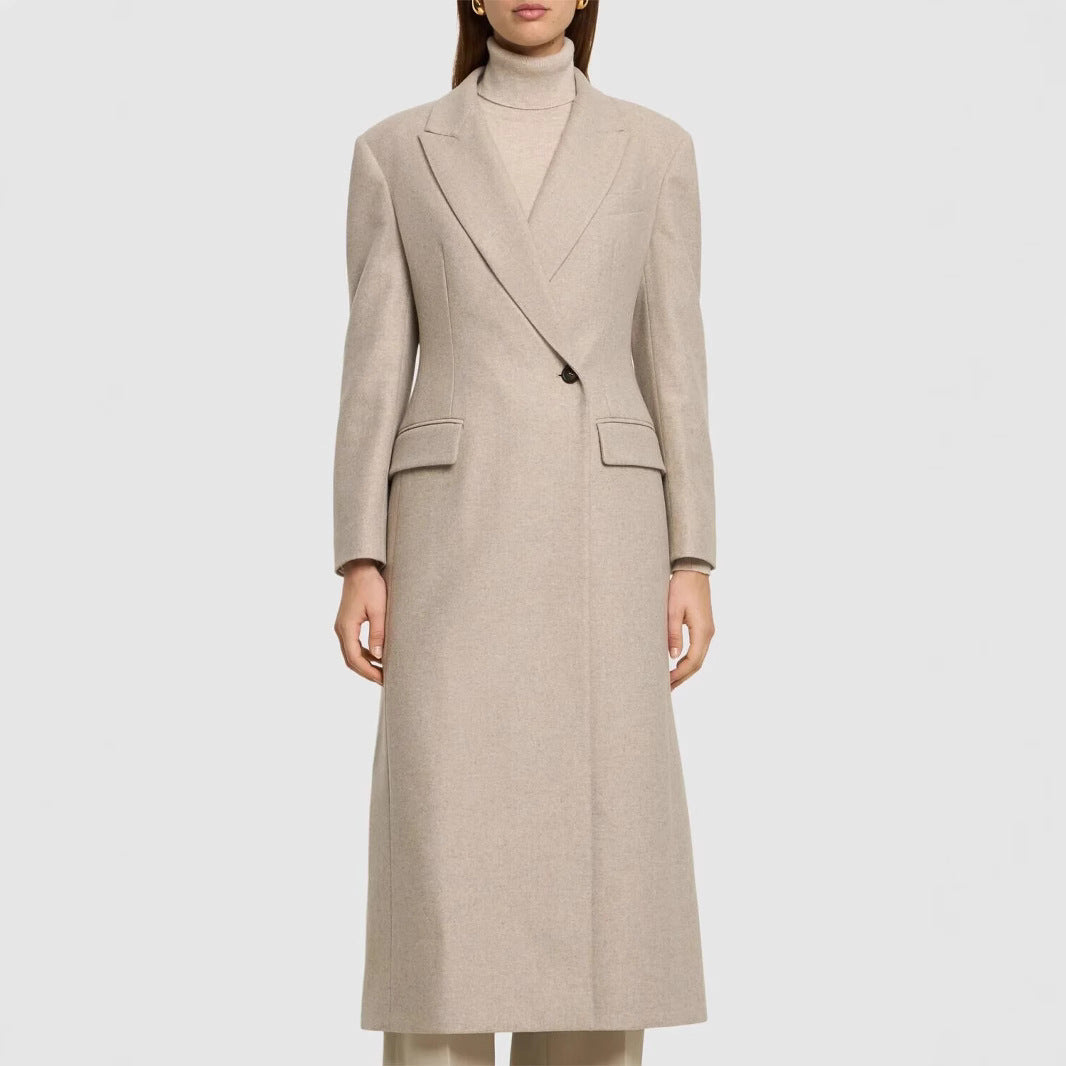 Women Tailored Longline Wool Blend Coat with Slim Silhouette and Single-Breasted Button Placket Chichicherry