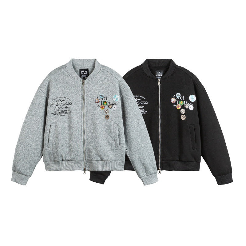 Unisex Boxy Sweat Jacket with full zip, badge applications and ribbed hem Chichicherry