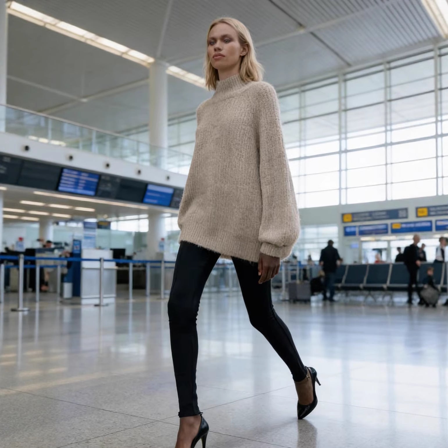 Women Oversize Mohair-Optic Knit Sweater with Stand-Up Collar and Balloon Sleeves Chichicherry