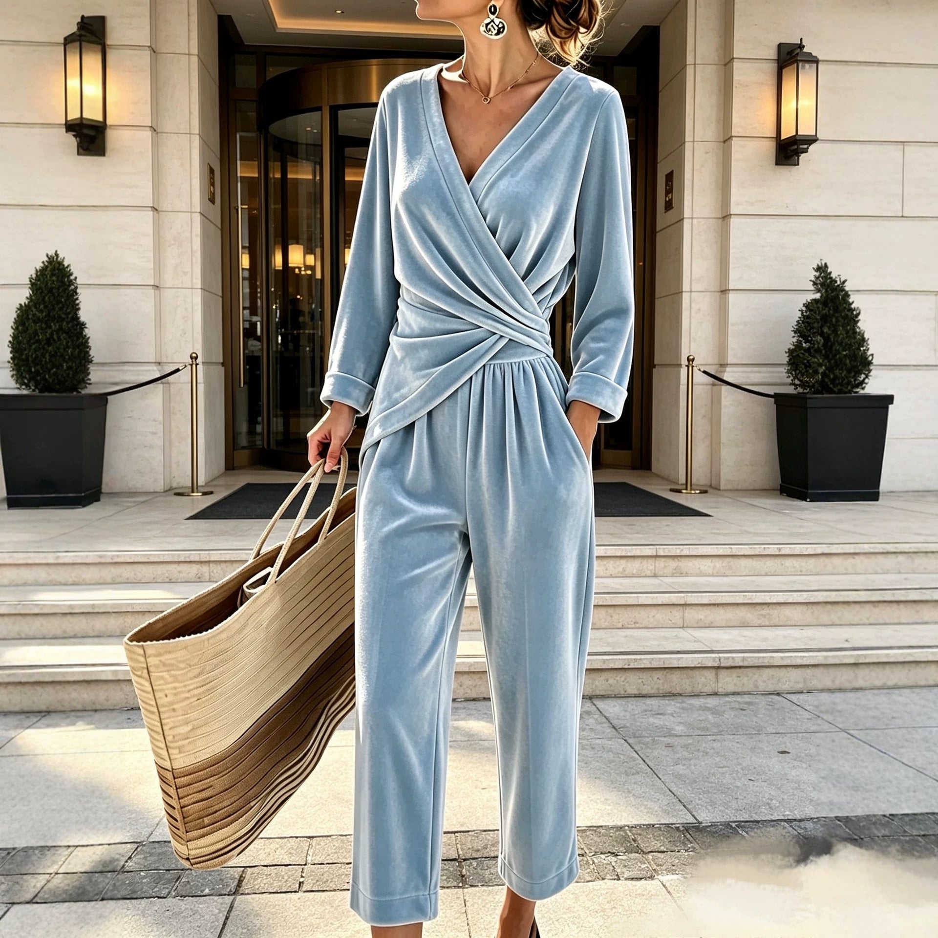 Women's velour jumpsuit with wrap top and wide leg pants Chichicherry
