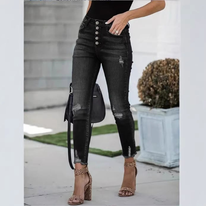 Women's High-Waisted Skinny Jeans with Visible Button Placket, Destroyed Knee Areas, and Raw Ankle Hem Chichicherry