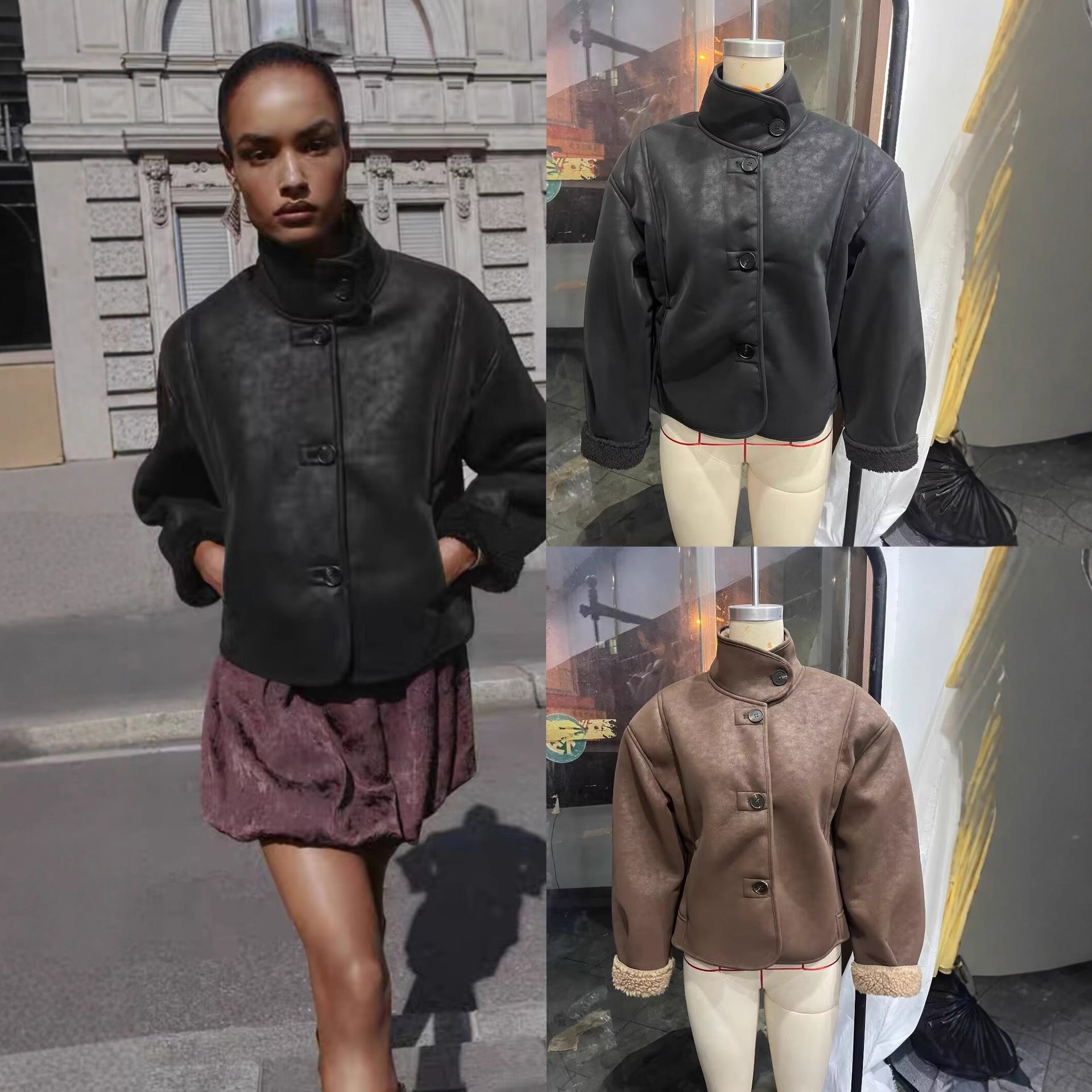 Women's short-cut artificial lambskin jacket with stand-up collar, button closure, and foldable faux-fur cuffs Chichicherry
