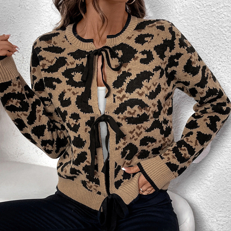 Women's leopard pattern knitted cardigan with tie bows and ribbed cuffs Chichicherry