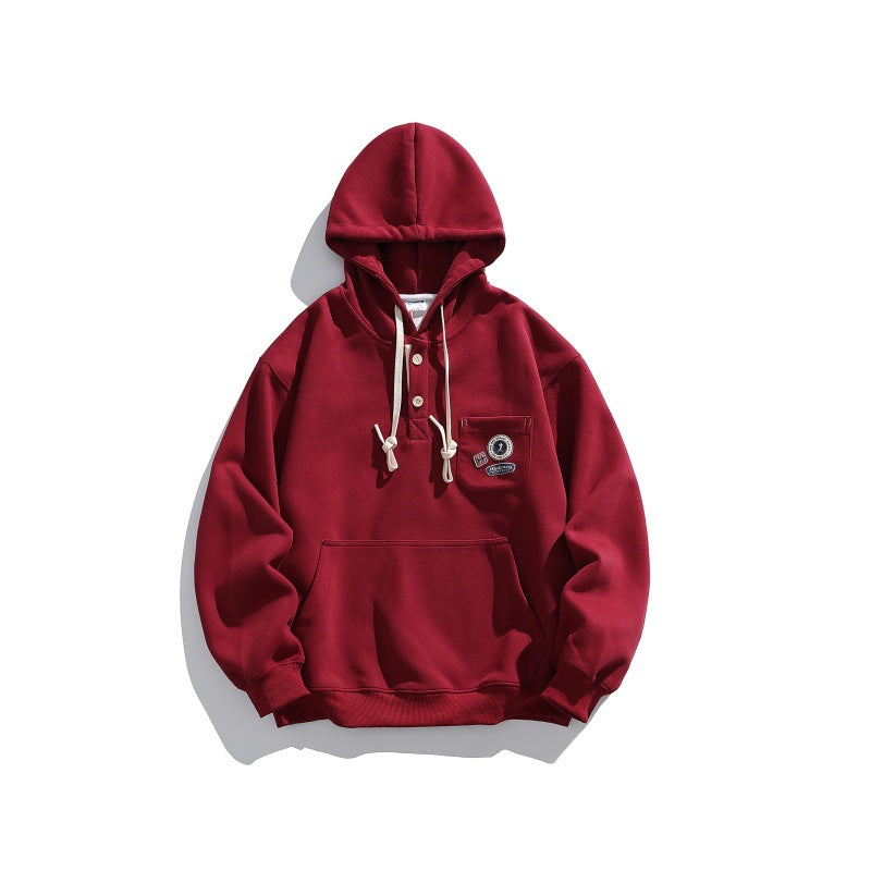 Unisex Hooded Hoodie in Henley Style with Chest Pocket & Kangaroo Pocket Chichicherry