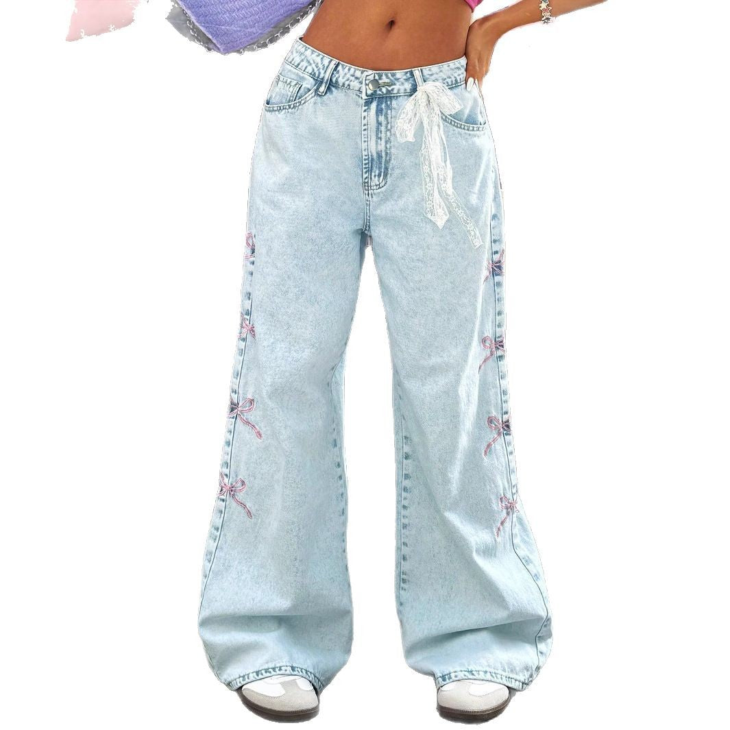 Ladies wide high-waist denim jeans with lace band belt and flared leg Chichicherry
