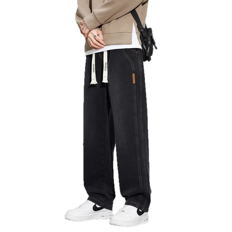 Men's Wide Denim Pants in Lounge Style with Drawstring Waist and Straight Leg Chichicherry