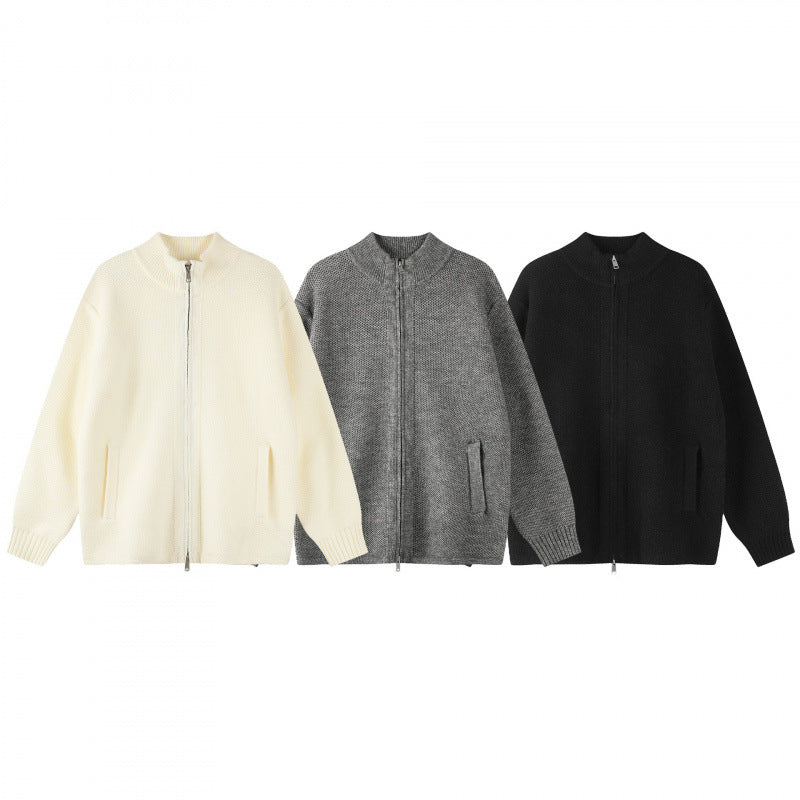 Women Oversized Knit Zip Jacket with Stand-Up Collar and Two-Way Zipper Chichicherry