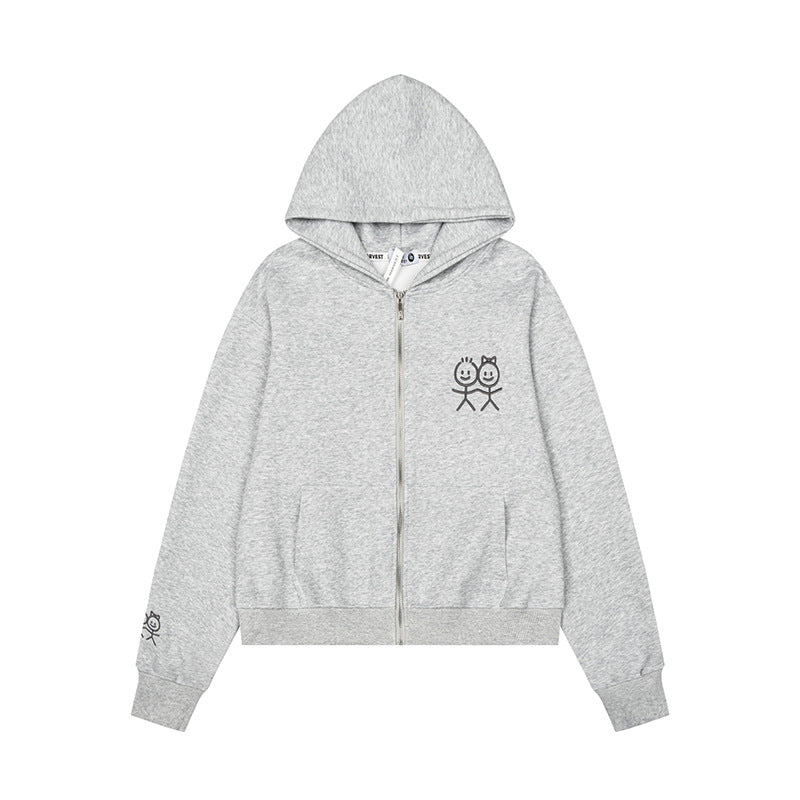 Women's hooded sweatshirt jacket with full zip lightweight French terry stick figure print and kangaroo pockets Chichicherry