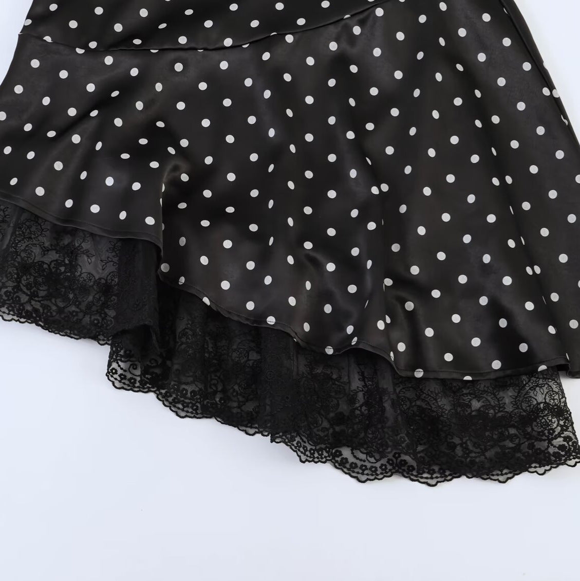 Women's Asymmetric Tiered Skirt with Ruffles, Dots, and Lace Trim Chichicherry