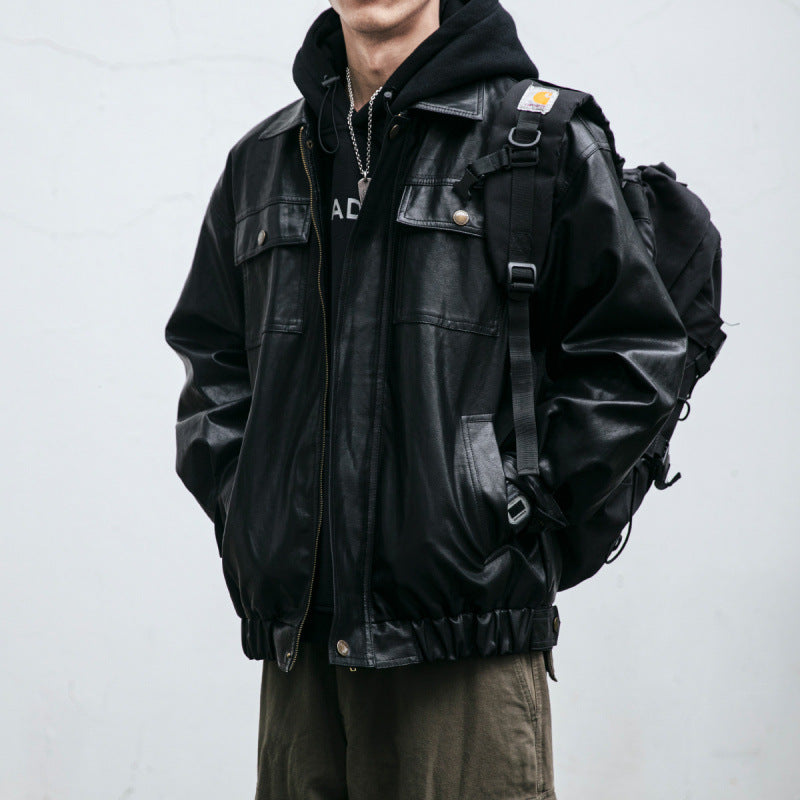 Herren Oversized Lederoptik-Utility-Jacke mit Pattentaschen und elastischem Saum Chichicherry