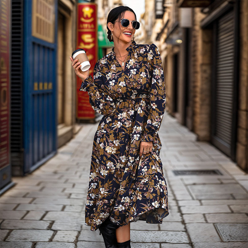 Women's Flowing Floral Midi Dress with V-Neck, Smocked Waistband, and Tiered Skirt Chichicherry
