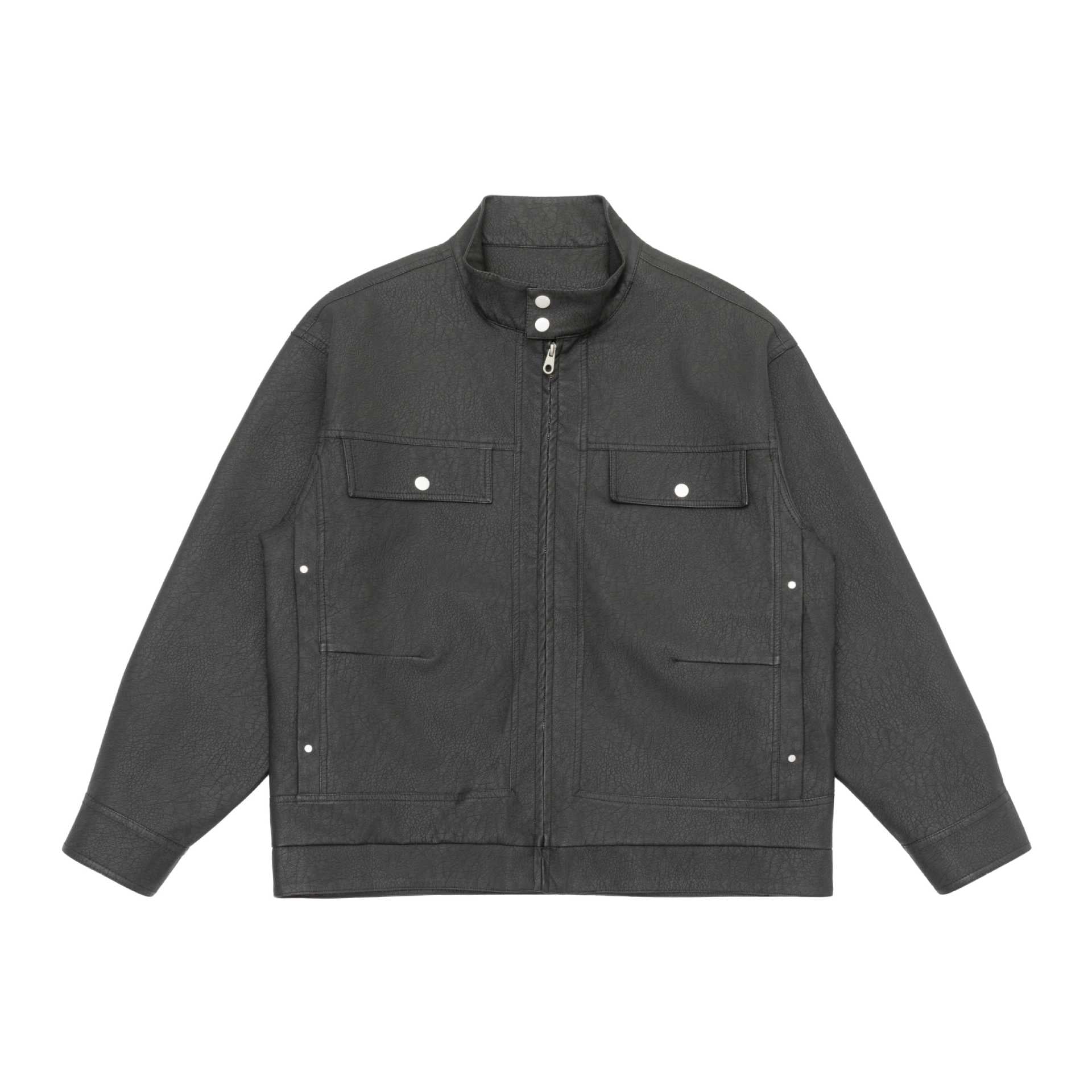 Unisex Boxy-Faux Leather Blouson Jacket with Stand Collar and Flap Pockets Chichicherry
