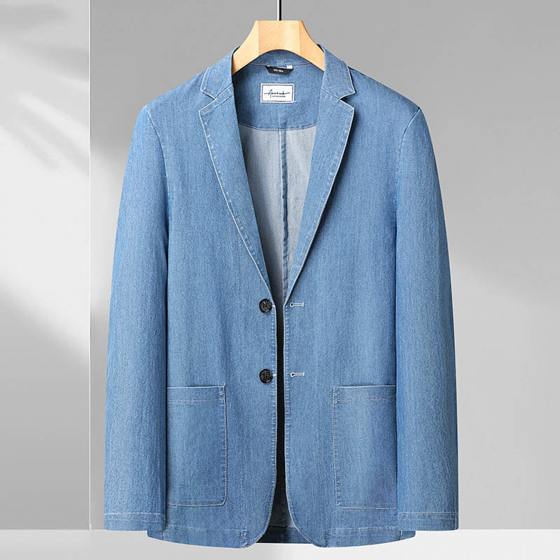 Men's Jeans Blazer in Casual-Elegant Style with Lapel Collar and Patch Pockets Chichicherry