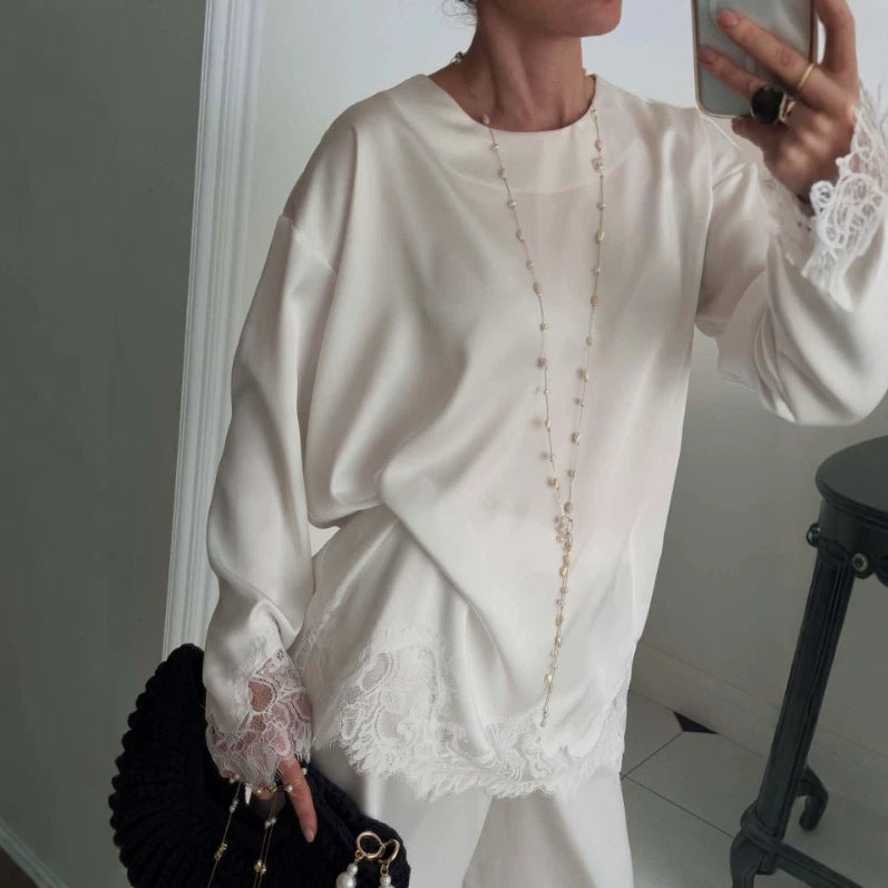 Women Silk Long Sleeve Shirt with Lace Trim at Hem and Cuffs Chichicherry