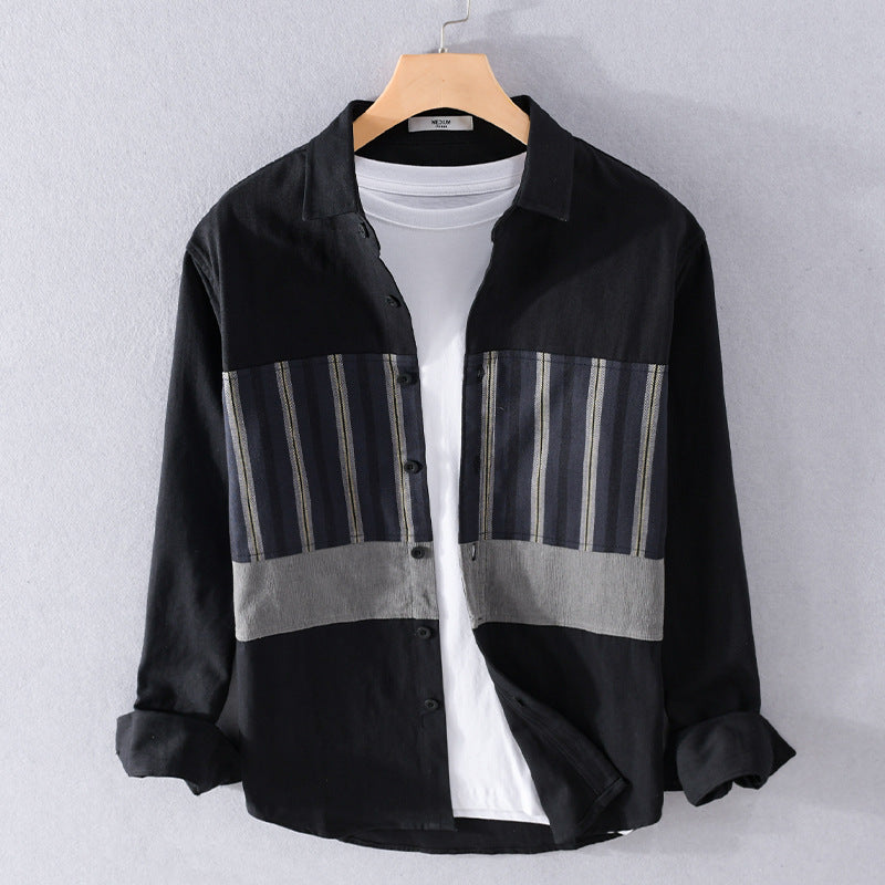 Men's Lightweight Cotton Overshirt with Woven Stripe Panels and Kent Collar Chichicherry