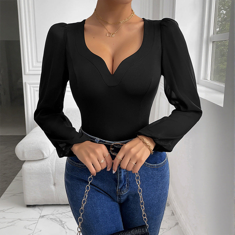 Women's figure-hugging bodysuit with heart-shaped neckline, puffed sleeves, and transparent chiffon sleeves Chichicherry