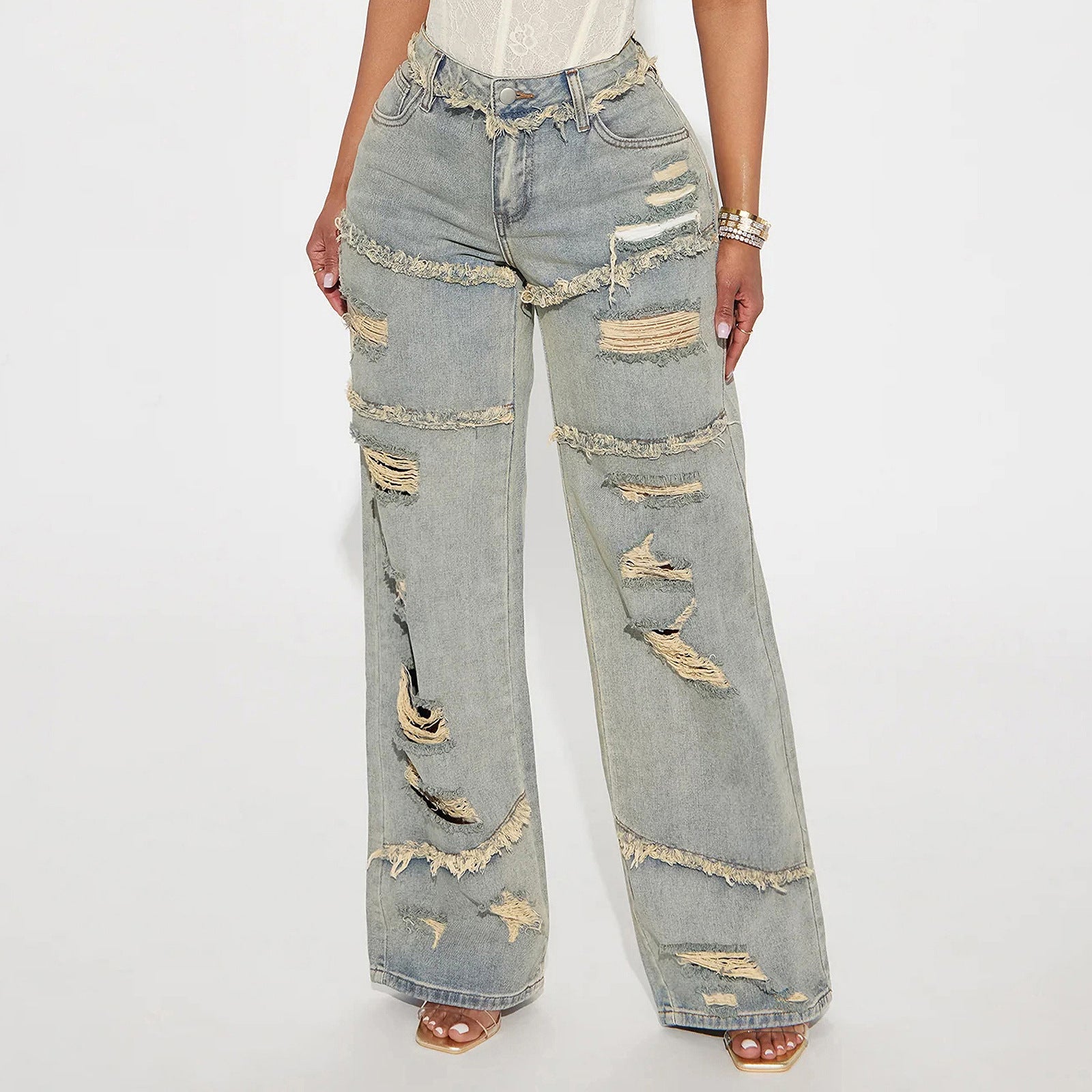 Women High Waisted Oversized Jeans with Wide Leg and Frayed Rips Chichicherry