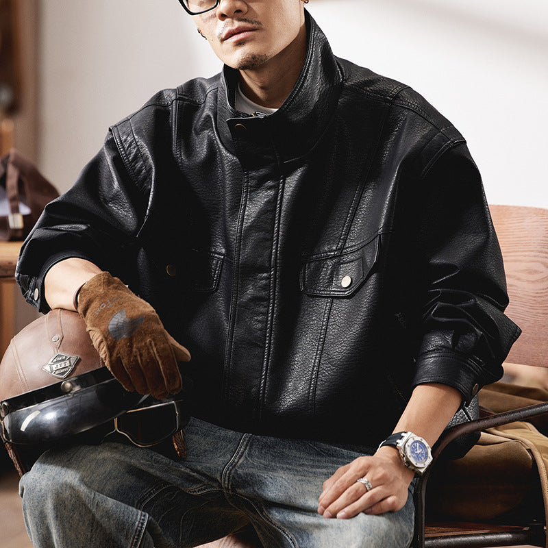 Herren Oversized Kunstlederjacke im Worker-Look mit Pattentaschen Chichicherry