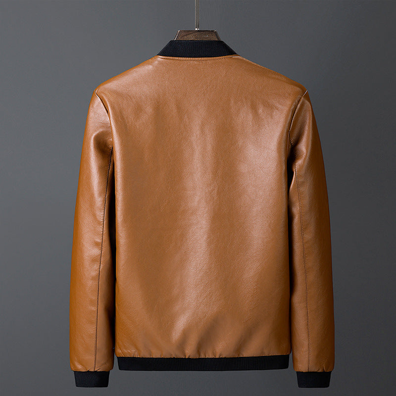 Men's smooth leather look bomber jacket with stand-up collar, zippered pockets, and elastic cuffs Chichicherry