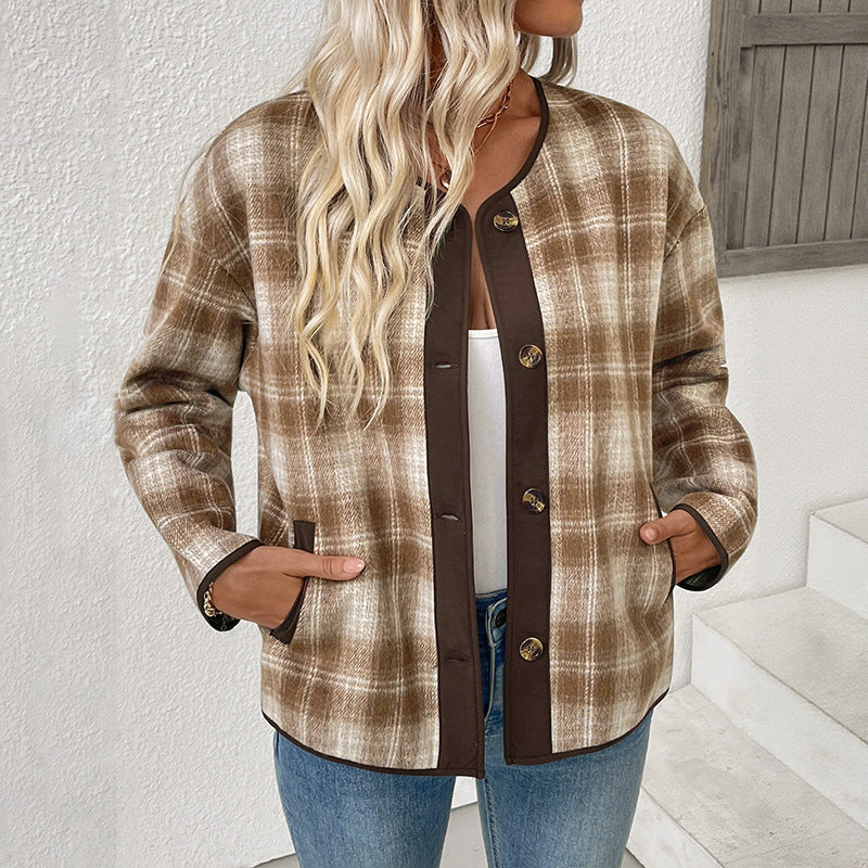 Ladies Checked Transitional Jacket with Round Neck, Contrast Trim and Button Placket Chichicherry