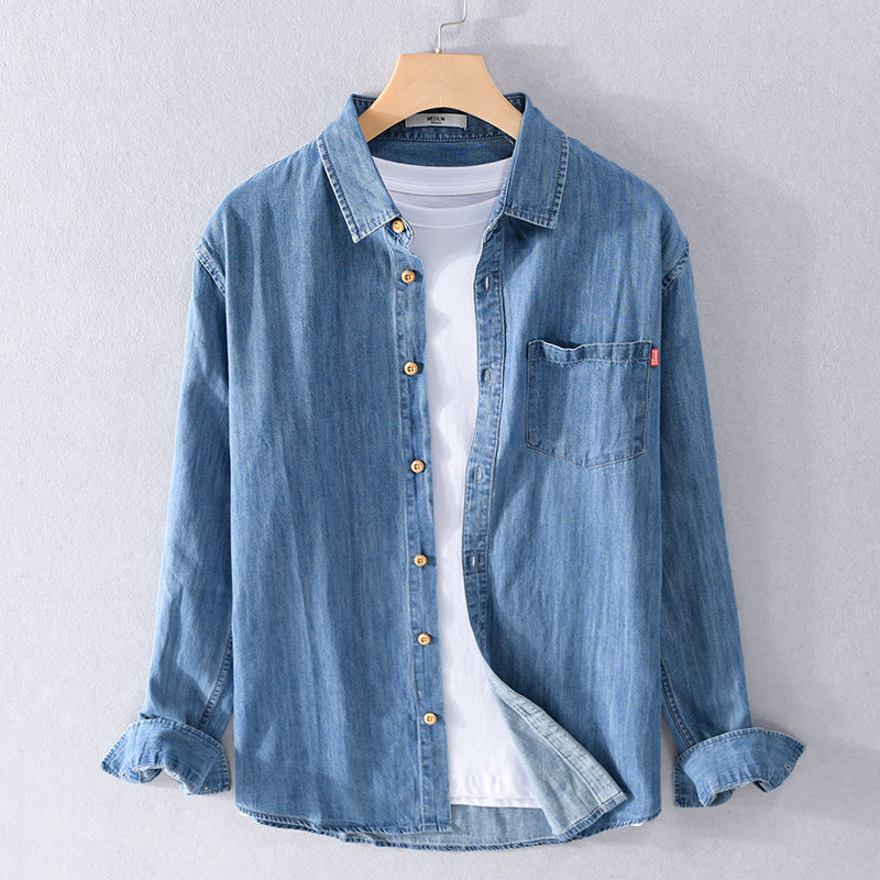 Men's Lightweight Denim Shirt in Relaxed Fit with Chest Pocket and Wood Button Placket Chichicherry
