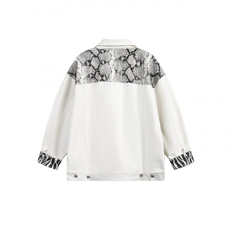 Women's Oversized Denim Jacket in Patchwork Animal Print with Notch Collar and Flap Pockets Chichicherry