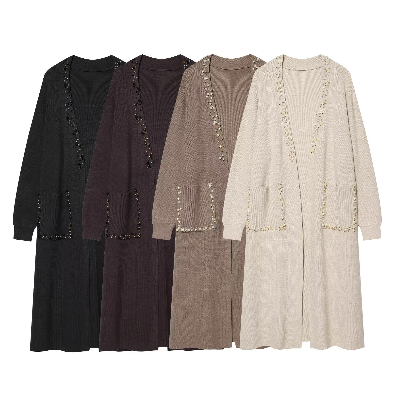 Women's long knitted cardigan with pearl trim and patch pockets Chichicherry