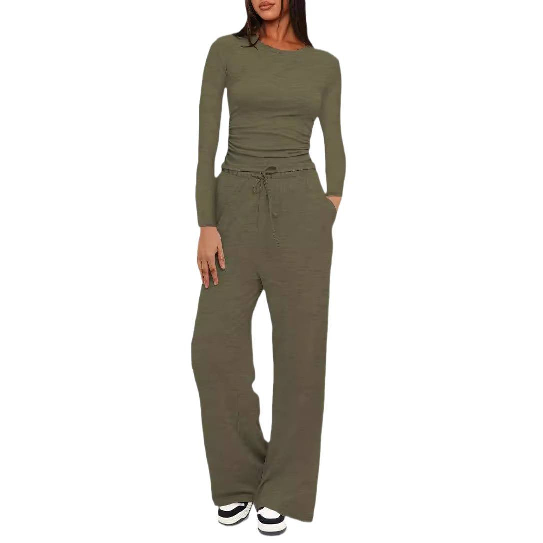 Women's Fitted Long Sleeve Shirt with Side Gathering and Loose Drawstring Jogging Pants Chichicherry
