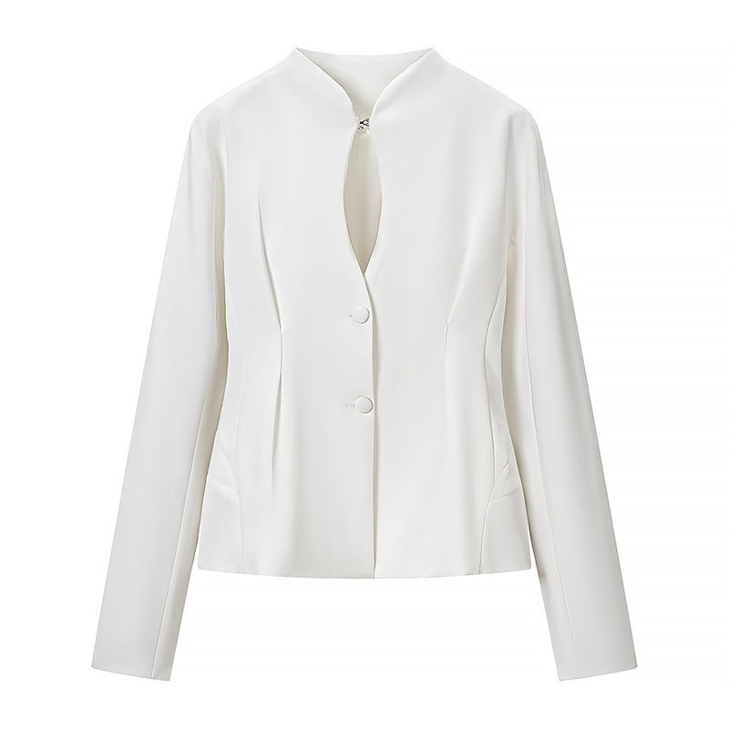 Women's Tailored Short Blazer without Lapels with Stand-Up Collar Look and Shaping Seams Chichicherry