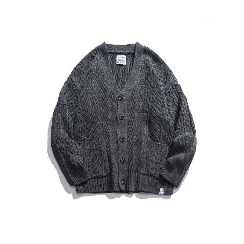 Unisex Oversized Knit Cardigan with Cable Pattern, V-Neck and Patch Pockets Chichicherry