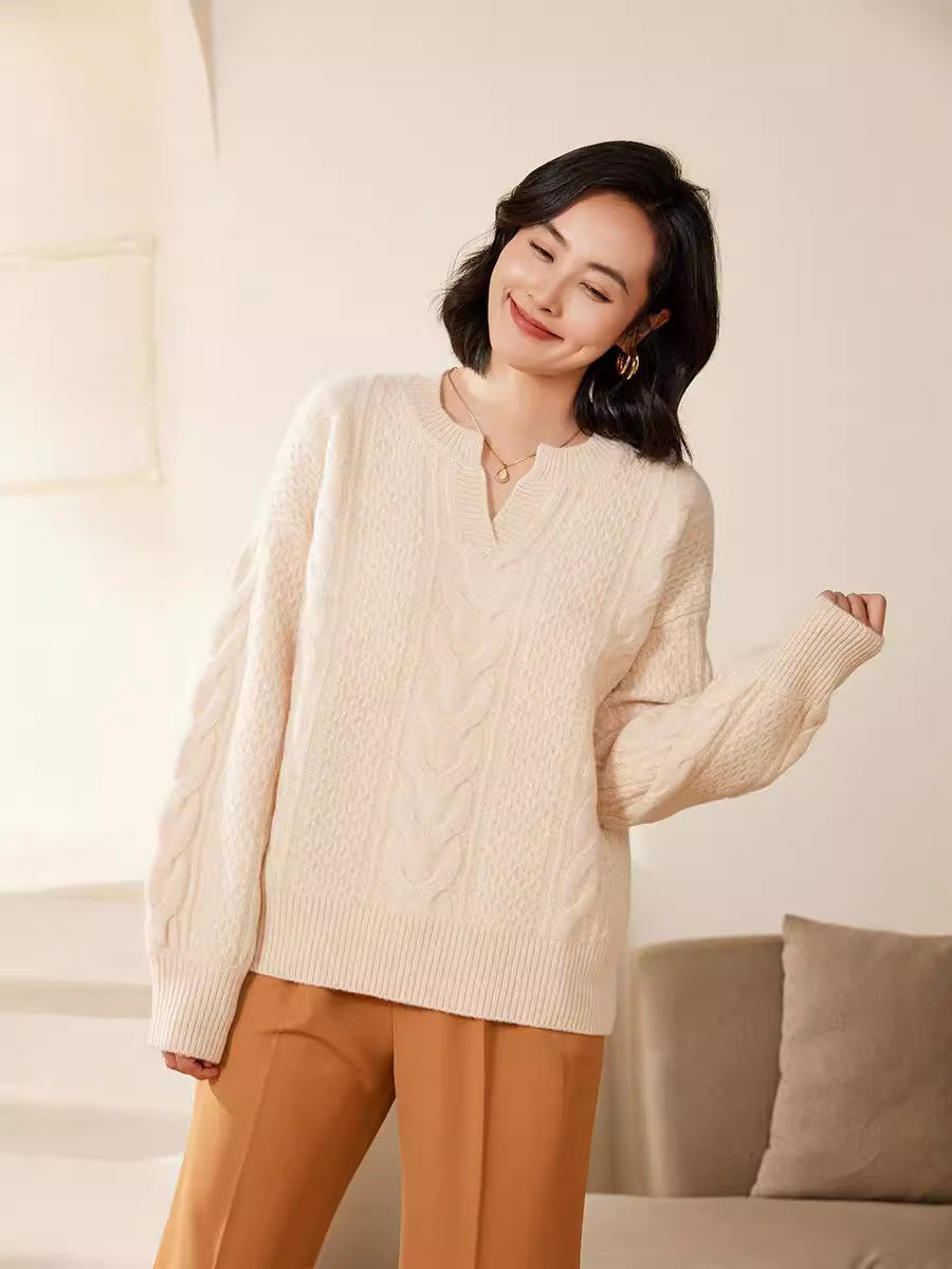 Ladies Oversize Cable Knit Sweater with V-Inset and Cashmere-like Softness Chichicherry