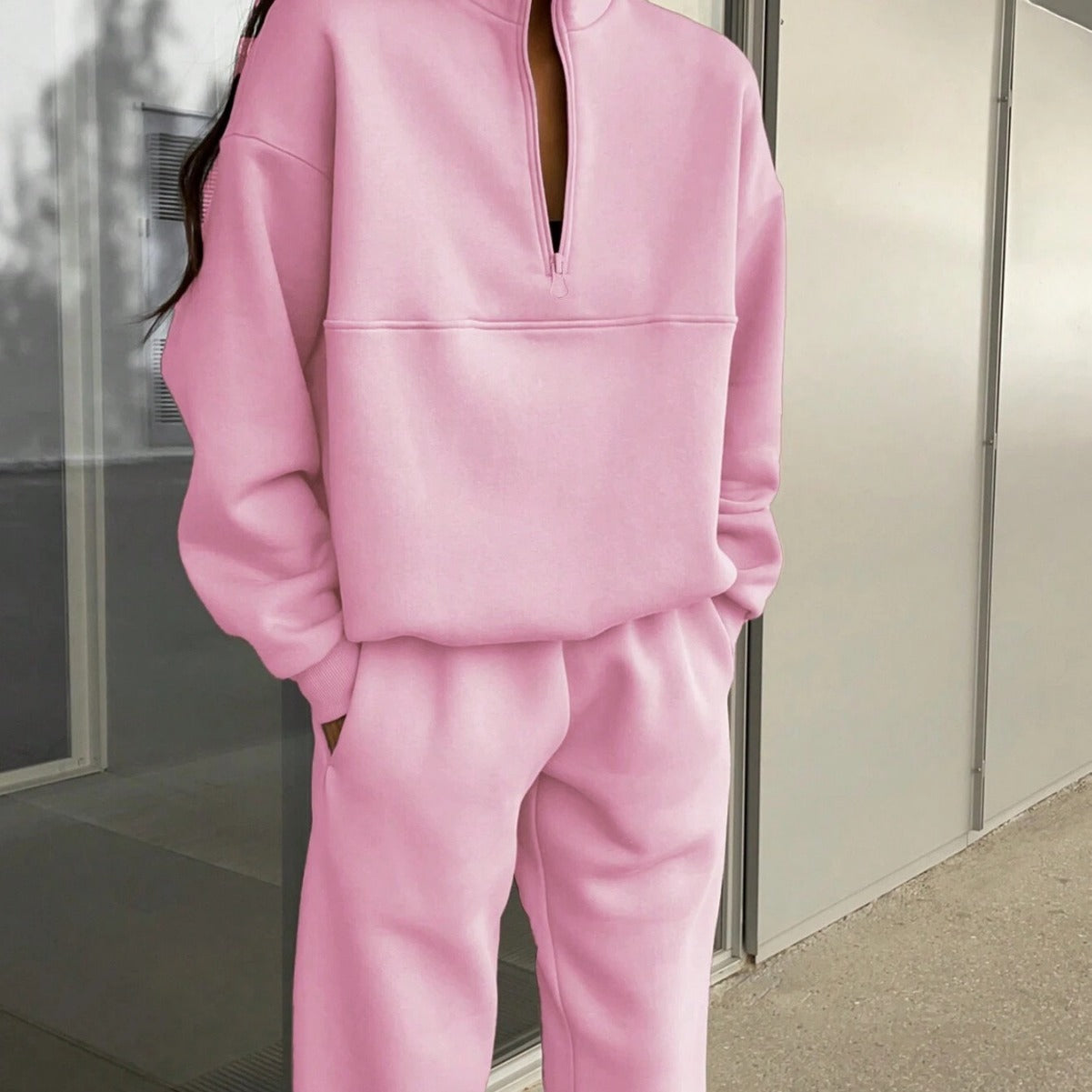 Damen Oversized Half-Zip Lounge-Set aus French-Terry mit hohem Stehkragen Chichicherry