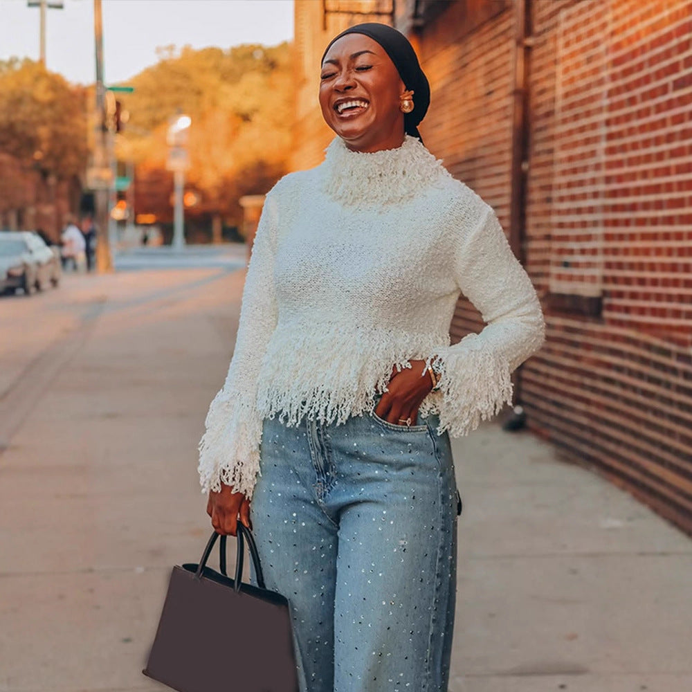 Women Short-Cut Boucle Sweater with Fringes and High Roll Neck Chichicherry