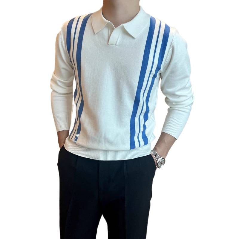 Herren Polokragen-Strickpullover mit markanten Längsstreifen und schmaler Passform Chichicherry